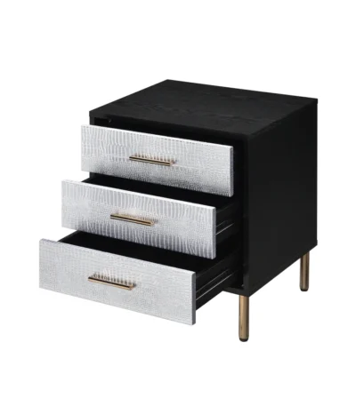 Modern black nightstand with silver crocodile pattern drawer fronts and gold legs – Goldoma