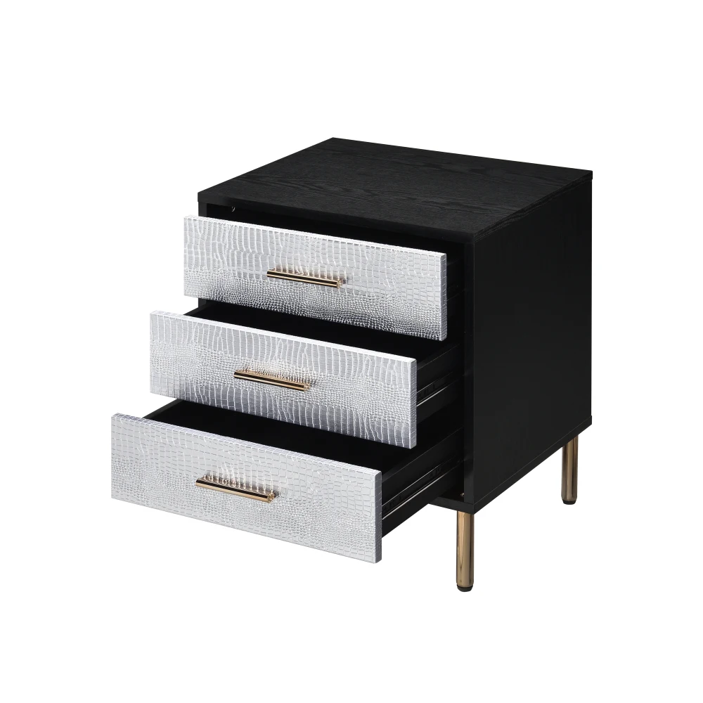 H0083e17857a24af0885a7f4c2b90349b1.webp Modern black nightstand with silver crocodile pattern drawer fronts and gold legs – Goldoma
