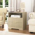 Nightstand with USB charging station and two drawers in wood finish by Goldoma