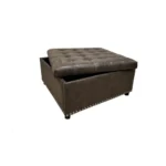Goldoma modern black square storage ottoman with button tufting and wooden legs in a living room setting