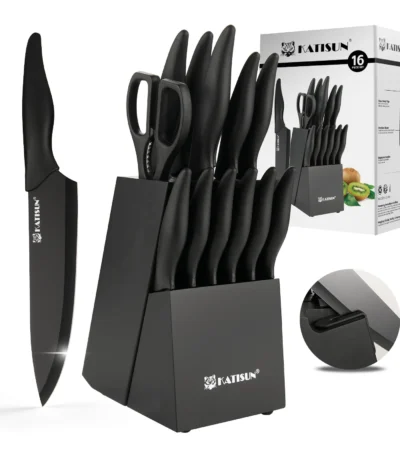 15+1 Pieces Professional Kitchen Knife Set with Plastic Cutting Board and Kitchen Shears and Non-slip PP Handle