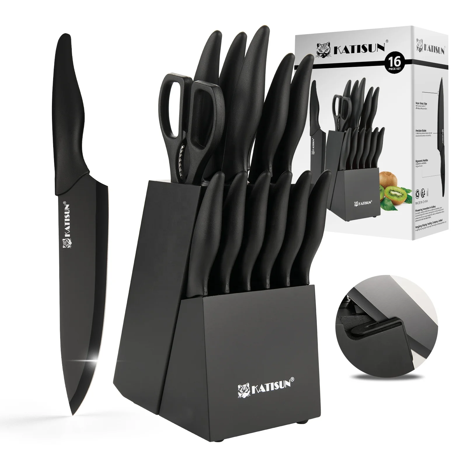 15+1 Pieces Professional Kitchen Knife Set with Plastic Cutting Board and Kitchen Shears and Non-slip PP Handle