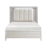 Modern antique white queen bed with LED headboard in a bedroom setting