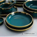 Green With Gold Inlay Quality Plates Full Set Luxury Steak Food Tray Ceramic Dinner Dish Salad Bowl Spoon Porcelain