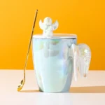 Creative Pearlescent Colored Ceramic Mug with Angel Wings, Coffee Cup with Lids, Cute Flower Tea Tazas Afternoon