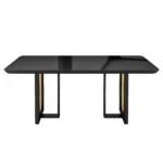 Modern 6-seater dining table with black MDF frame, gold legs, and tempered glass top in a contemporary dining room setting