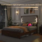 Goldoma LED king bed frame with upholstered headboard and charging station in a modern bedroom