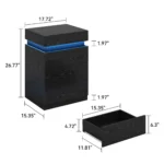 Modern black wooden nightstand with built-in charging station and LED lighting, featuring 3 drawers and sliding top