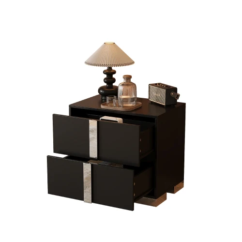 Elegant Modern Nightstand with Mirrored Design and Metal Accents