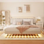 Goldoma queen floating bed frame with LED lights and charging station, velvet upholstered headboard