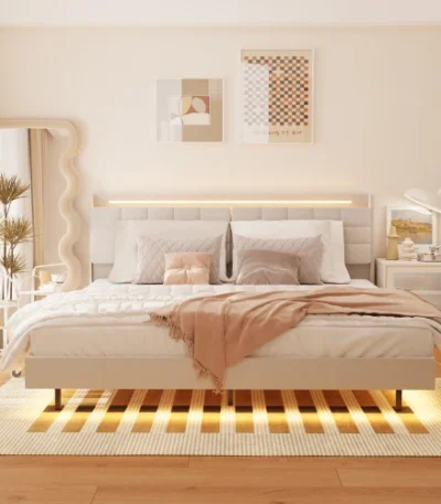 Goldoma queen floating bed frame with LED lights and charging station, velvet upholstered headboard