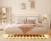 Goldoma Queen Floating Bed Frame with LED Lights & Charging Station - Velvet Upholstered Platform Bed