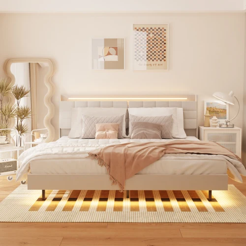 H018887d1669c4fa9bf6b7f62e2b82ac19.webp Goldoma queen floating bed frame with LED lights and charging station, velvet upholstered headboard