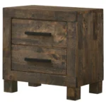 Rustic golden brown 2-drawer nightstand with metal lamp and books on top for bedroom storage