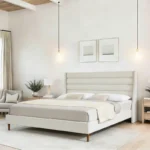 Goldoma upholstered king bed frame with high wave headboard in ivory chenille fabric