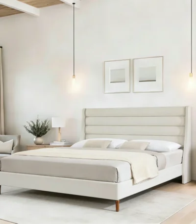 Goldoma upholstered king bed frame with high wave headboard in ivory chenille fabric