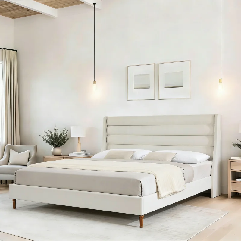 Goldoma Chenille King Size Bed Frame with High Headboard – Upholstered Platform Bed, No Box Spring Goldoma Chenille King Size Bed Frame with High Headboard – Upholstered Platform Bed, No Box Spring Needed, Ivory