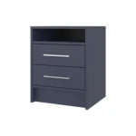 Kronos Blue nightstand with two drawers and open shelf in a modern bedroom setting.