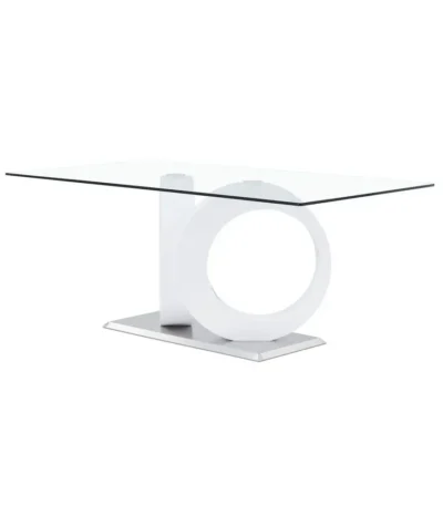 Goldoma white glass dining table with chrome base and geometric design