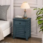 Transitional antique blue nightstand with drawer and cabinet, compact size for bedroom