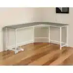 HMS 66 Gray White L-Shaped Computer Desk Modern Ergonomic PC Desk Extendable Design Wooden Plastic Cup Holder Metal