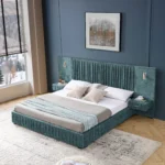 Goldoma King Size Upholstered Bed Frame with pleated headboard in chenille fabric and solid teak wood base