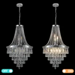 Modern crystal chandelier in chrome finish with clear K9 crystals hanging over a dining table