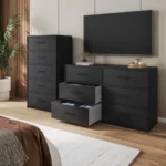 6-drawer black dresser with fabric drawers and MDF frame
