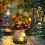 Solar turtle statue glowing in garden at dusk with mushrooms