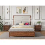 Goldoma queen bed frame with upholstered headboard, charging station, and LED lights in beige linen