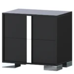 Modern mirrored nightstand with mirrored drawer front and metal legs in a bedroom setting