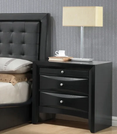 Black nightstand with two drawers and pull-out tray in modern bedroom setting - Goldoma furniture