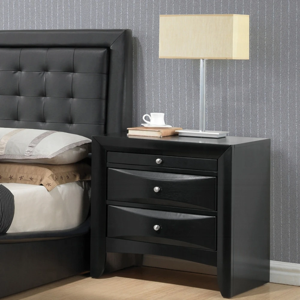 H02e2ce24bfb042e3af8591fddd6235197.webp Black nightstand with two drawers and pull-out tray in modern bedroom setting - Goldoma furniture