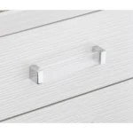 White silver finish nightstand with 2 drawers and acrylic bar pulls in a modern bedroom setting