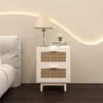 Modern bedside nightstand with charging station in white and natural finish, featuring two drawers and solid wooden legs