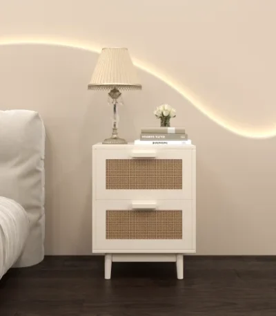 Modern bedside nightstand with charging station in white and natural finish, featuring two drawers and solid wooden legs