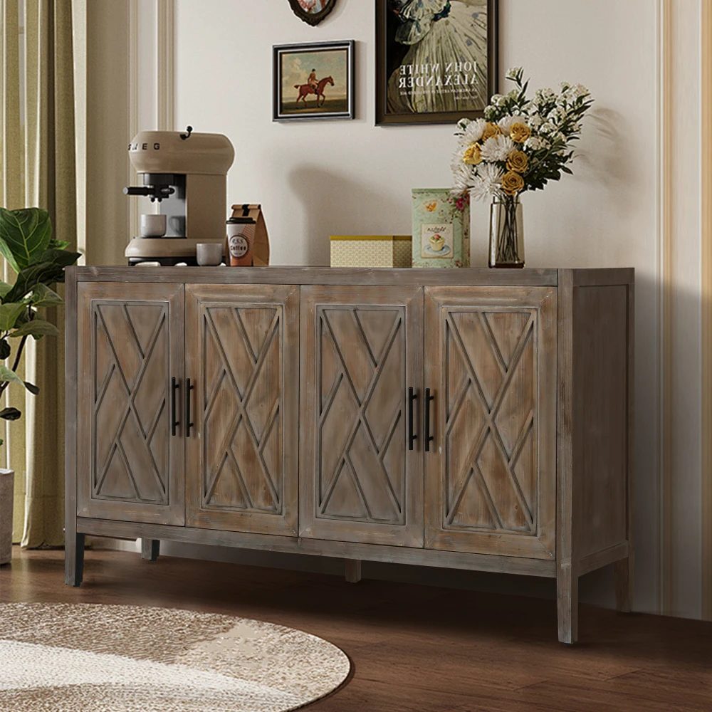 Modern farmhouse sideboard buffet cabinet with 4 doors and adjustable shelves in living room