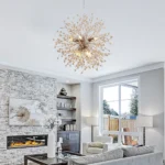 The chandelier in a bedroom setting, with soft light filtering through wooden beads creating a cozy atmosphere.