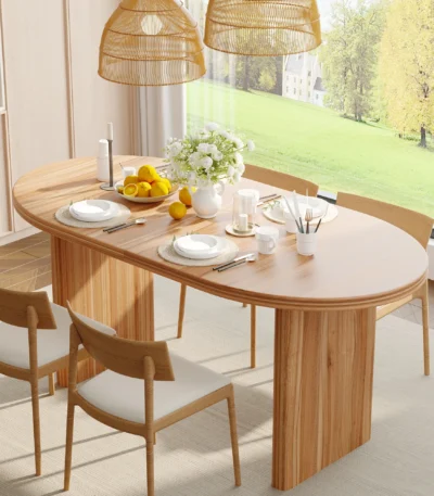 Modern extendable wooden dining table with removable leaves in mid-century style