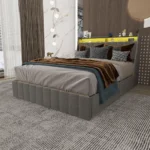 Goldoma full size bed frame with LED lighting and wings headboard in light grey linen, featuring four under-bed storage drawers