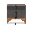 Modern nightstand with USB port and gold capped legs in walnut finish