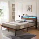 Goldoma Full Size Platform Bed Frame with Wooden Headboard, Footboard, LED Lights & USB Ports – angled view