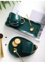 Ceramic Cup Dish Set Nordic Green Water Ware Coffee Cup Rectangular Tray Small Spoon Gift Box Home Bar Decoration Tea Cup