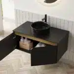 Vanity with sink and countertop, viewed from a slight side angle, emphasizing its slim floating design and storage