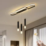 62W modern dimmable LED chandelier in black with three acrylic pendant lights over a kitchen island.