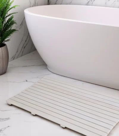 HMS 40" White Teak Slat Non-Slip Bath Mat Anti-Slip Bamboo Bathroom Rug for Bathroom Flooring