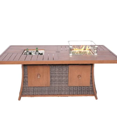 HMS Brown Wicker Rectangular Outdoor Gas Fire Pit Table Ice Bucket Made Corten Steel for Garden Use Can Use Propane Gas