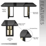 Modern 6-seater dining table with black MDF frame, gold legs, and tempered glass top in a contemporary dining room setting