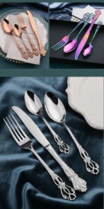24-piece stainless steel cutlery set with gold handles displayed on a wooden table