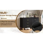 Modern 6-drawer double dresser with metal handles and solid wood legs in a kids room - Goldoma black storage cabinet